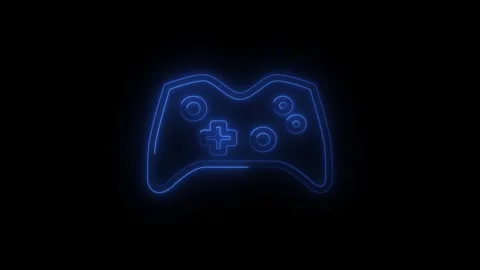 Glowing blue neon gamepad icon with a glitch reveal animation on a dark bac.. Stock Footage 339788948