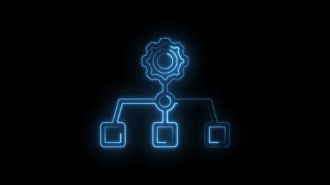 Glowing blue neon gear connected to network nodes and data blocks abstract .. Stock Footage 346009861