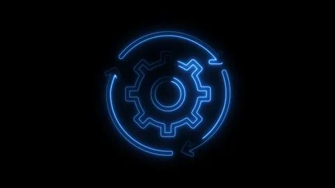 Glowing blue neon gear icon with circular arrows symbolizing process workfl.. Stock Footage 314708682