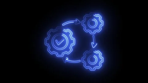 Glowing blue neon gear system workflow process with checkmark symbol and ar.. Stock Footage 314711442