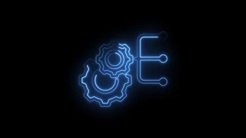 Glowing blue neon gears connected to abstract network nodes on icon black Stock Footage 333953275