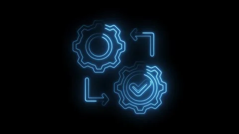 Glowing blue neon gears interlocking with arrows indicating process flow an.. Stock Footage 346008856