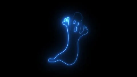 Glowing blue neon ghost icon on black background Stock Footage 346746781