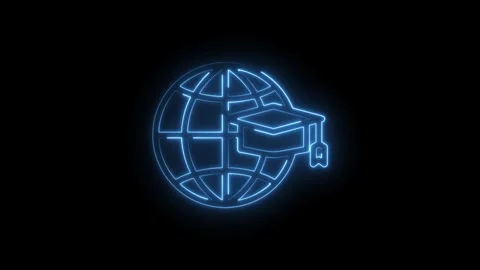 Glowing Blue Neon Globe Graduation Cap Icon Animation Abstract Background Stock Footage 333951906