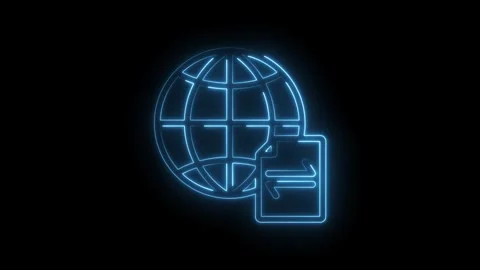 Glowing blue neon globe icon with data transfer symbol on black background Stock Footage 333958119