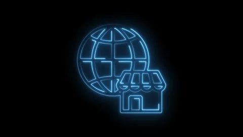 Glowing blue neon globe icon superimposed with a stylized storefront Stock Footage 333961012