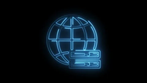 Glowing blue neon globe icon with server racks symbolizing global data storage Stock Footage 333961906