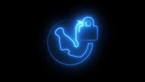 Glowing blue neon globe icon with a secure padlock Stock Footage 345901702