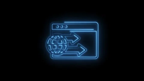 Glowing blue neon globe icon with arrows emerging from a browser window on .. Stock Footage 346128383