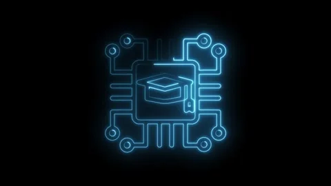 Glowing blue neon graduation cap icon integrated into abstract circuit board Stock Footage 333952737