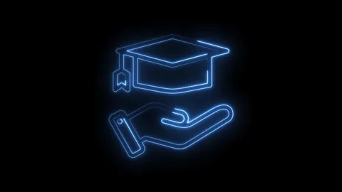Glowing blue neon graduation cap icon held in open hand symbol on black Stock Footage 333955786