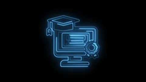 Glowing blue neon graduation cap diploma certificate on computer screen abstract Stock Footage 333956418