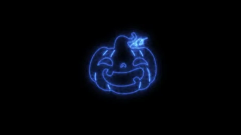 Glowing Blue Neon Halloween Pumpkin Animation on Black Background 4K Stock Footage 341165341