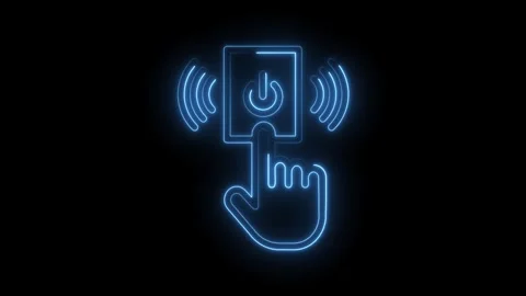Glowing blue neon hand pressing power button icon with radiating waves on b.. Stock Footage 314559080