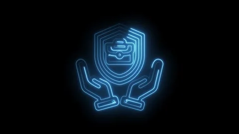 Glowing blue neon hands protect briefcase icon on shield symbolizing business Stock Footage 333962161