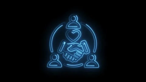 Glowing blue neon handshake icon with heart and people symbols representing Stock Footage 333962027