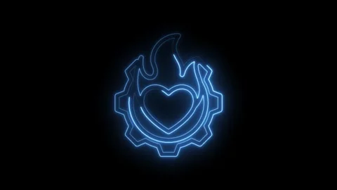 Glowing blue neon heart inside a gear with flame outline on black backgroun.. Stock Footage 346137683