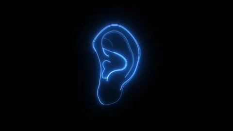 Glowing blue neon human ear outline icon Stock Footage 345550123
