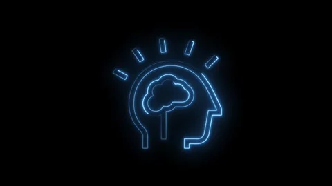 Glowing blue neon human head silhouette with internal brain shape and radia.. Stock Footage 314550532
