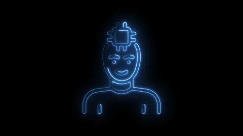 Glowing blue neon human head with integrated computer chip symbol on black .. Stock Footage 314558809