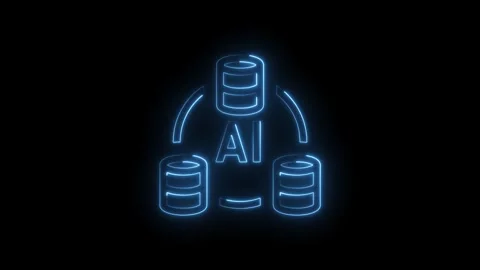 Glowing blue neon A I symbol with connected data stacks on black background.. Stock Footage 314551925