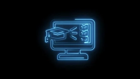 Glowing blue neon icon of a computer screen displaying a graduation cap and Stock Footage 333956158