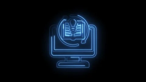 Glowing blue neon icon of a computer monitor displaying an open book with a Stock Footage 333956203