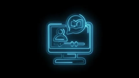 Glowing blue neon icon of a computer screen displaying a person icon within a Stock Footage 333956372