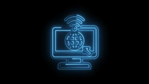 Glowing blue neon icon of a computer screen displaying a globe with wifi signal 스톡 동영상 333966485