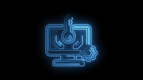 Glowing blue neon icon of a computer screen with a key and gear symbolizing.. Stock Footage 346122172