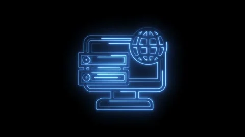 Glowing blue neon icon of computer server rack connected to globe symbolizi.. Vídeo Stock 346127900