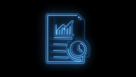 Glowing blue neon icon of a document with a financial bar graph and a circular Stock Footage 333963870