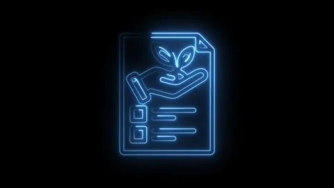 Glowing blue neon icon of a hand holding a sprouting plant over a document Stock Footage 333952292