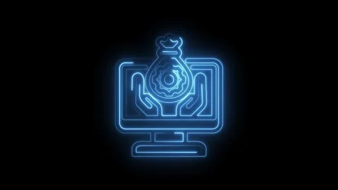Glowing blue neon icon of hands holding money bag over computer screen symb.. Stock Footage 346122671