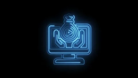Glowing blue neon icon of hands holding a money bag over a computer screen .. Stock Footage 346122767
