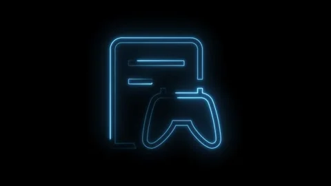Glowing blue neon icon representing gaming controller and document or list .. Stock Footage 314551625