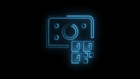 Glowing blue neon icon representing a credit card with a Q R code overlay s.. Stock Footage 314552843
