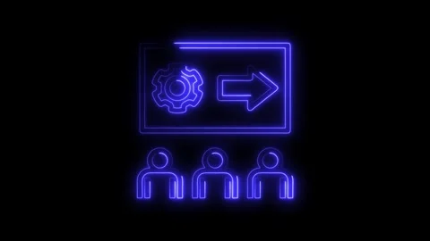Glowing blue neon icon representing process workflow with gear and arrow sy.. Stock Footage 314699867