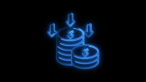 Glowing blue neon icon representing financial loss or cost reduction with d.. Stock Footage 314708918