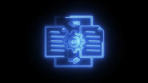 Glowing blue neon icon representing data processing workflow with gears and.. Stock Footage 314712924