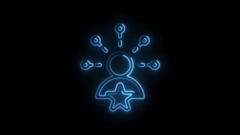 Glowing blue neon icon representing a person with a star and multiple key Stock Footage 333970159