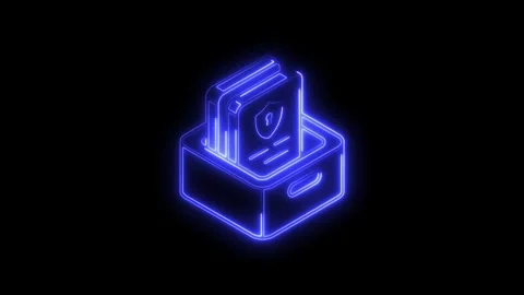 Glowing blue neon icon of a secure document folder in a box symbolizing dat.. Stock Footage 314704817