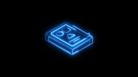 Glowing blue neon icon stack representing data or documents with geometric .. Stock Footage 314704358