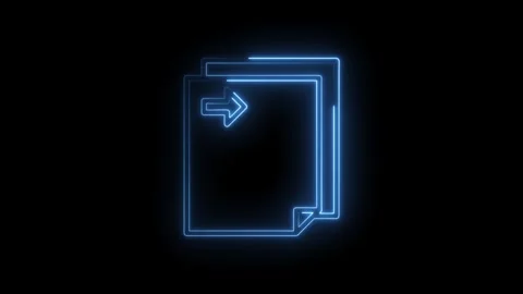Glowing blue neon icon of two stacked documents with an arrow indicating mo.. Stock Footage 314558171