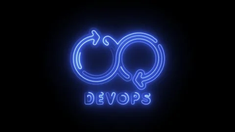 Glowing blue neon infinity loop symbol with arrows and the word Dev Ops ill.. Stock Footage 314712836