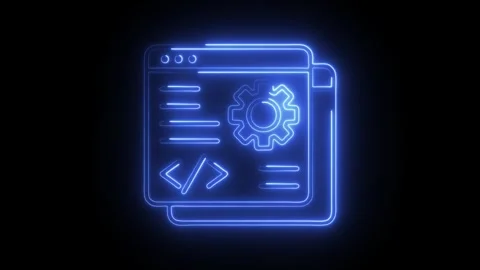 Glowing blue neon interface icon with gear symbol code brackets and documen.. Stock Footage 314713797