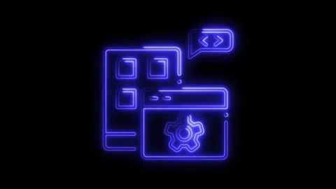 Glowing blue neon interface icons for coding programming settings and commu.. Stock Footage 314709176