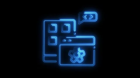 Glowing blue neon interface icons for software development settings and com.. Stock Footage 314709179