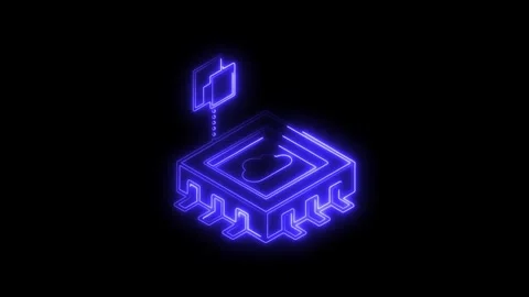 Glowing blue neon isometric chip icon with cloud symbol and data transfer l.. Stock Footage 314703185