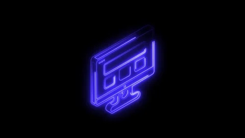 Glowing blue neon isometric computer monitor icon with abstract interface e.. Video stock 314702439